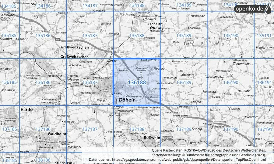 Übersichtskarte des KOSTRA-DWD-2020-Rasterfeldes Nr. 136188