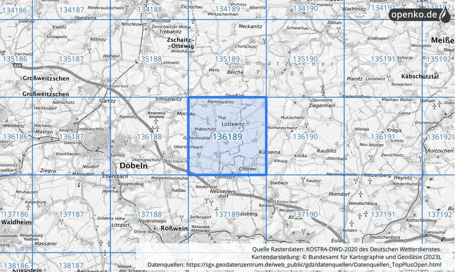 Übersichtskarte des KOSTRA-DWD-2020-Rasterfeldes Nr. 136189