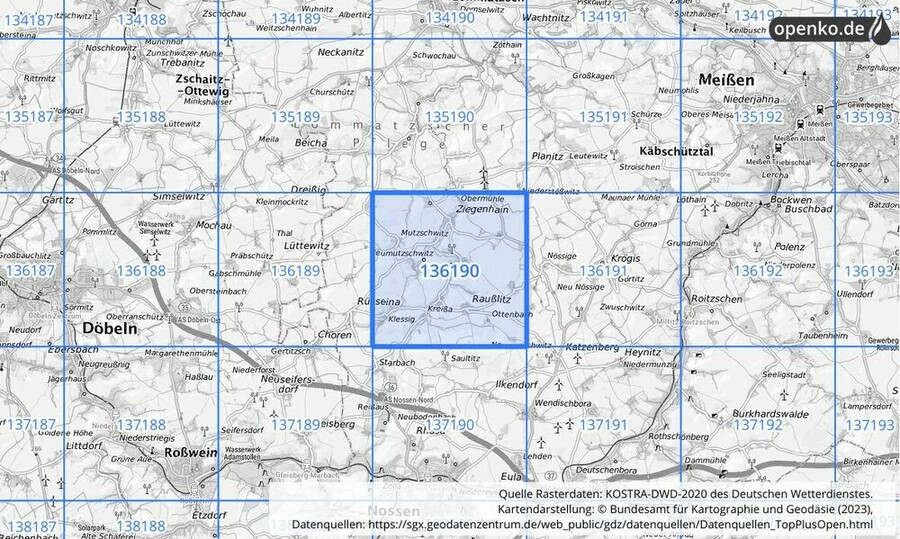 Übersichtskarte des KOSTRA-DWD-2020-Rasterfeldes Nr. 136190