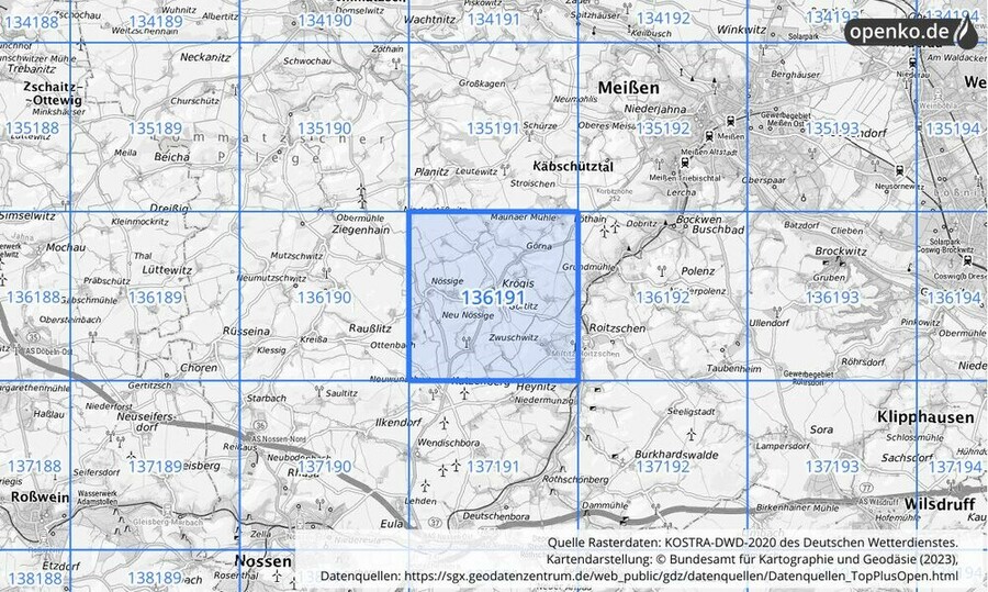 Übersichtskarte des KOSTRA-DWD-2020-Rasterfeldes Nr. 136191