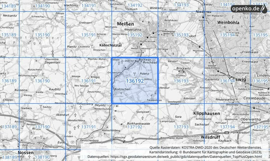 Übersichtskarte des KOSTRA-DWD-2020-Rasterfeldes Nr. 136192