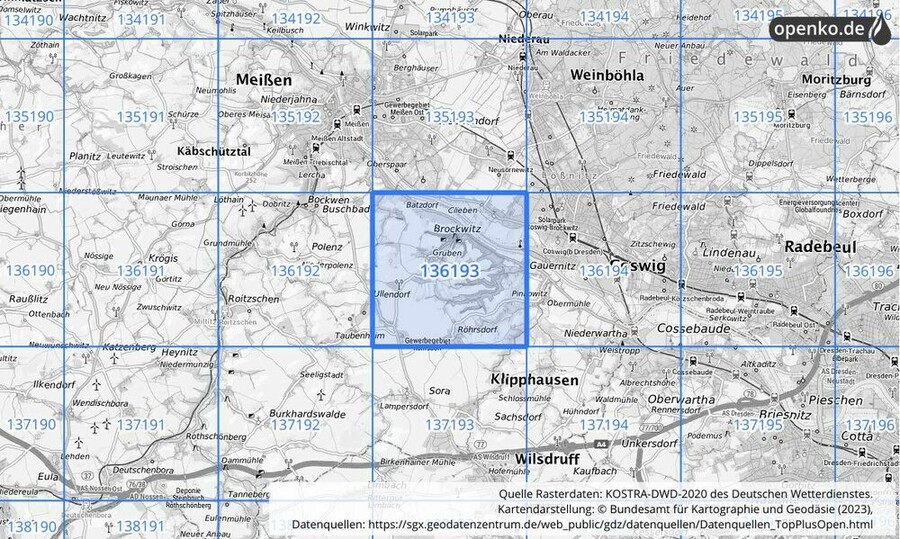 Übersichtskarte des KOSTRA-DWD-2020-Rasterfeldes Nr. 136193