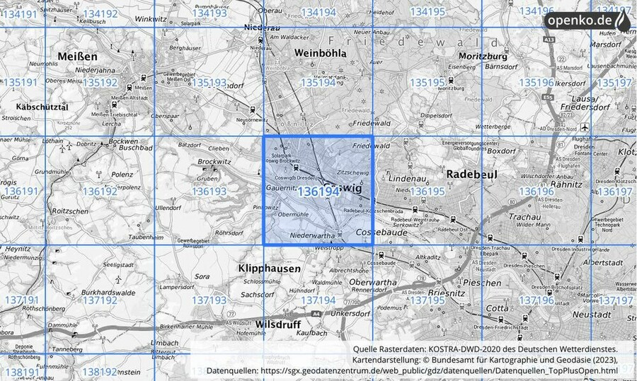 Übersichtskarte des KOSTRA-DWD-2020-Rasterfeldes Nr. 136194