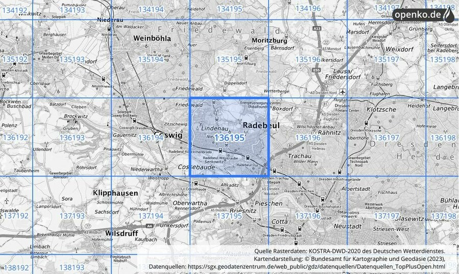 Übersichtskarte des KOSTRA-DWD-2020-Rasterfeldes Nr. 136195