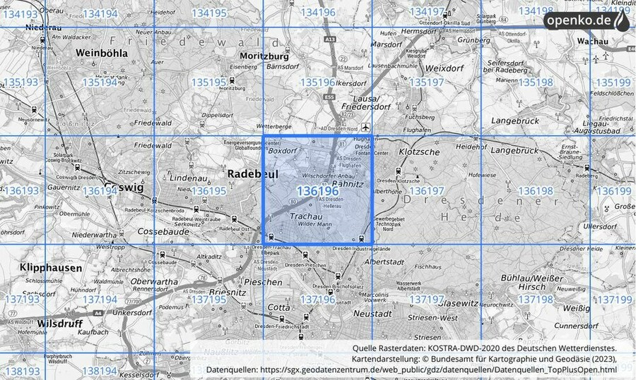 Übersichtskarte des KOSTRA-DWD-2020-Rasterfeldes Nr. 136196