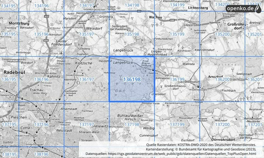 Übersichtskarte des KOSTRA-DWD-2020-Rasterfeldes Nr. 136198