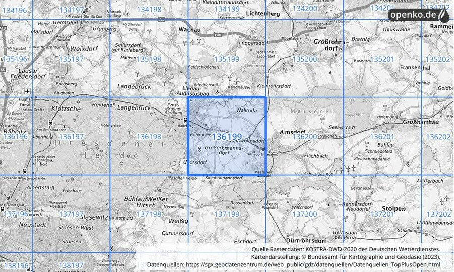 Übersichtskarte des KOSTRA-DWD-2020-Rasterfeldes Nr. 136199