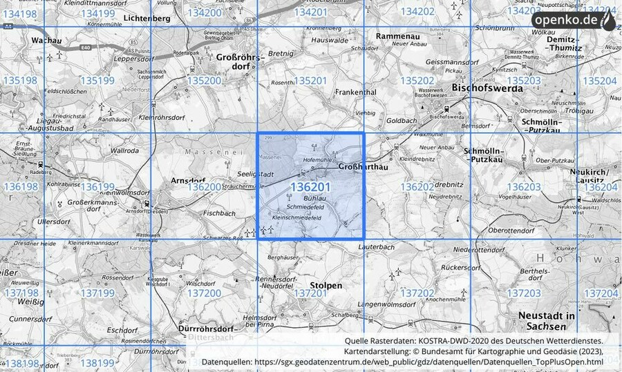 Übersichtskarte des KOSTRA-DWD-2020-Rasterfeldes Nr. 136201