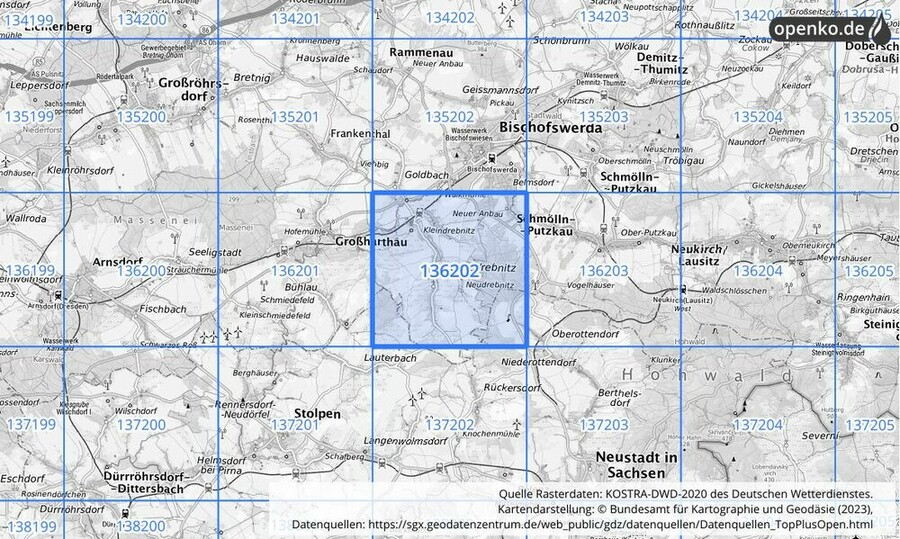 Übersichtskarte des KOSTRA-DWD-2020-Rasterfeldes Nr. 136202