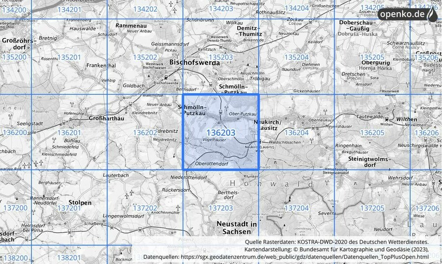 Übersichtskarte des KOSTRA-DWD-2020-Rasterfeldes Nr. 136203