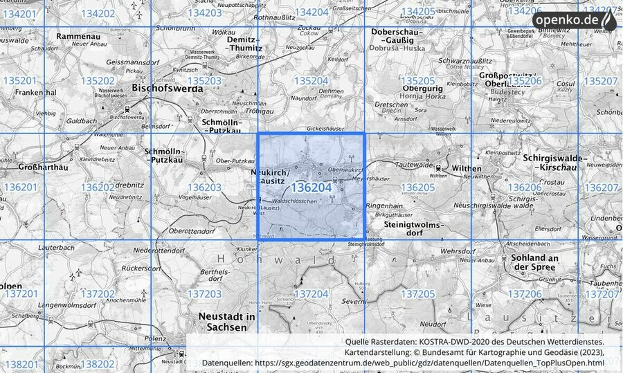 Übersichtskarte des KOSTRA-DWD-2020-Rasterfeldes Nr. 136204