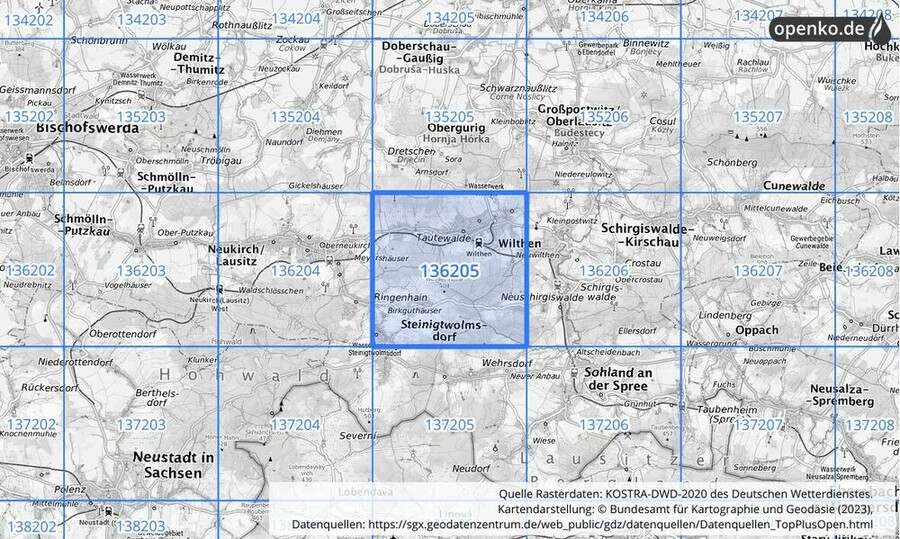 Übersichtskarte des KOSTRA-DWD-2020-Rasterfeldes Nr. 136205