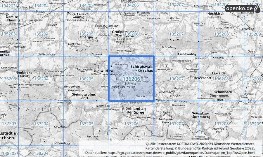 Übersichtskarte des KOSTRA-DWD-2020-Rasterfeldes Nr. 136206