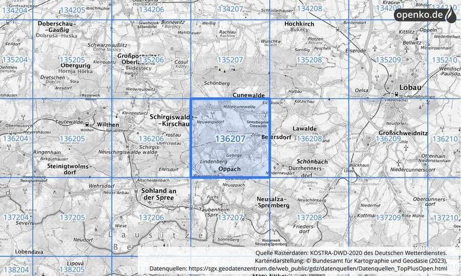 Übersichtskarte des KOSTRA-DWD-2020-Rasterfeldes Nr. 136207