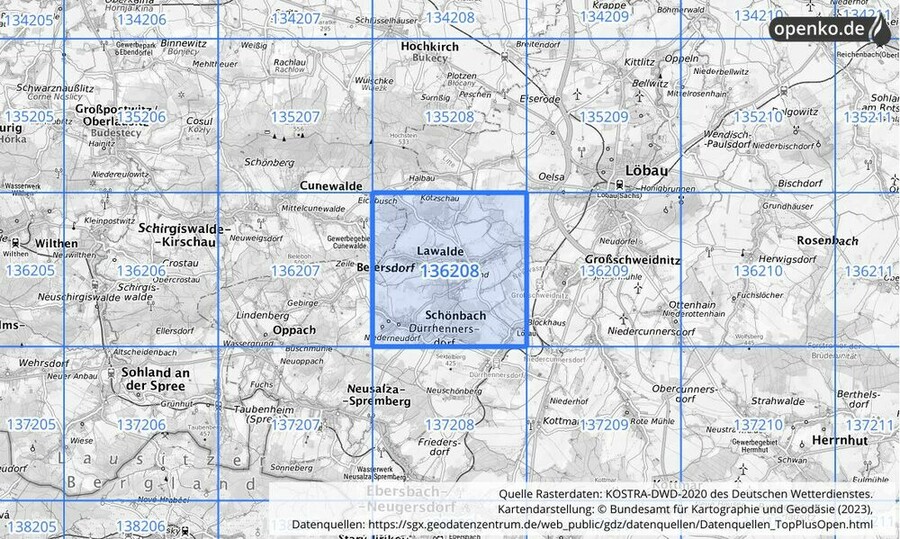 Übersichtskarte des KOSTRA-DWD-2020-Rasterfeldes Nr. 136208