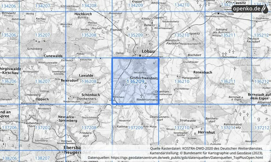 Übersichtskarte des KOSTRA-DWD-2020-Rasterfeldes Nr. 136209