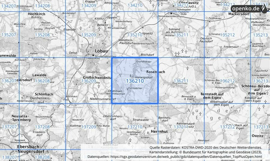 Übersichtskarte des KOSTRA-DWD-2020-Rasterfeldes Nr. 136210