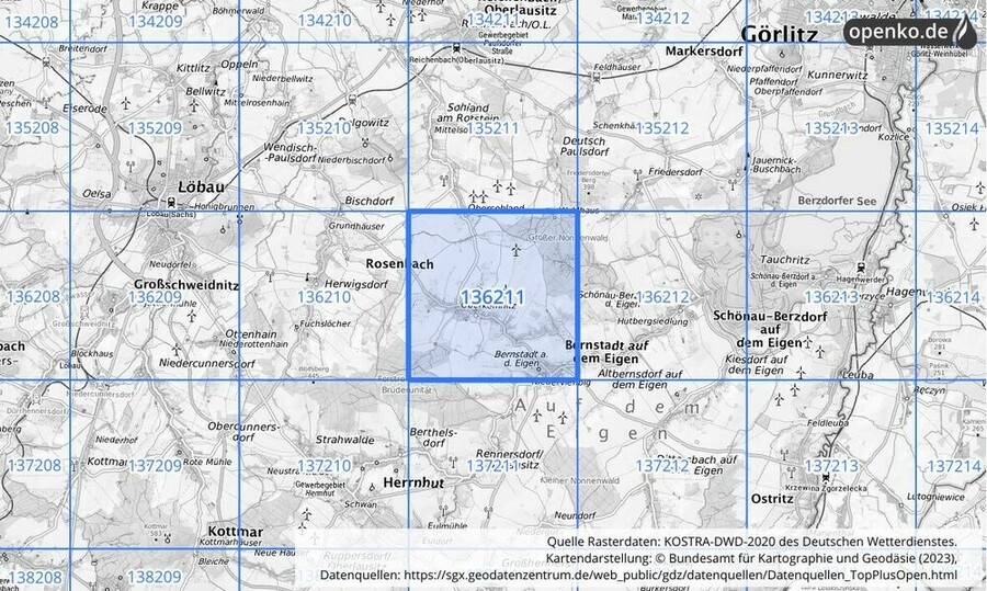 Übersichtskarte des KOSTRA-DWD-2020-Rasterfeldes Nr. 136211