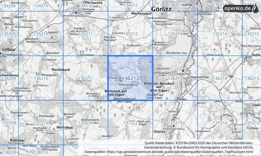 Übersichtskarte des KOSTRA-DWD-2020-Rasterfeldes Nr. 136212