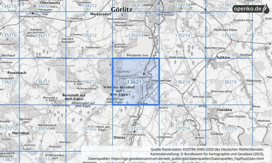 Übersichtskarte des KOSTRA-DWD-2020-Rasterfeldes Nr. 136213