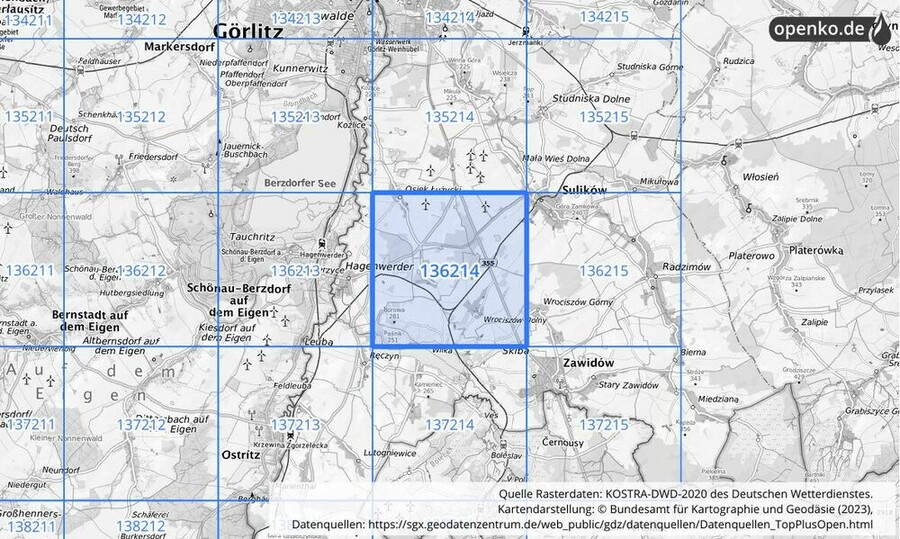 Übersichtskarte des KOSTRA-DWD-2020-Rasterfeldes Nr. 136214