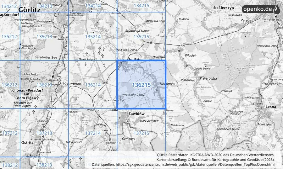 Übersichtskarte des KOSTRA-DWD-2020-Rasterfeldes Nr. 136215