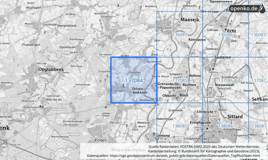 Übersichtskarte des KOSTRA-DWD-2020-Rasterfeldes Nr. 137084