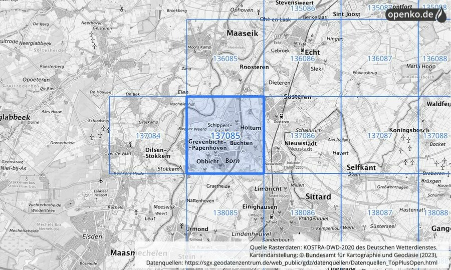 Übersichtskarte des KOSTRA-DWD-2020-Rasterfeldes Nr. 137085