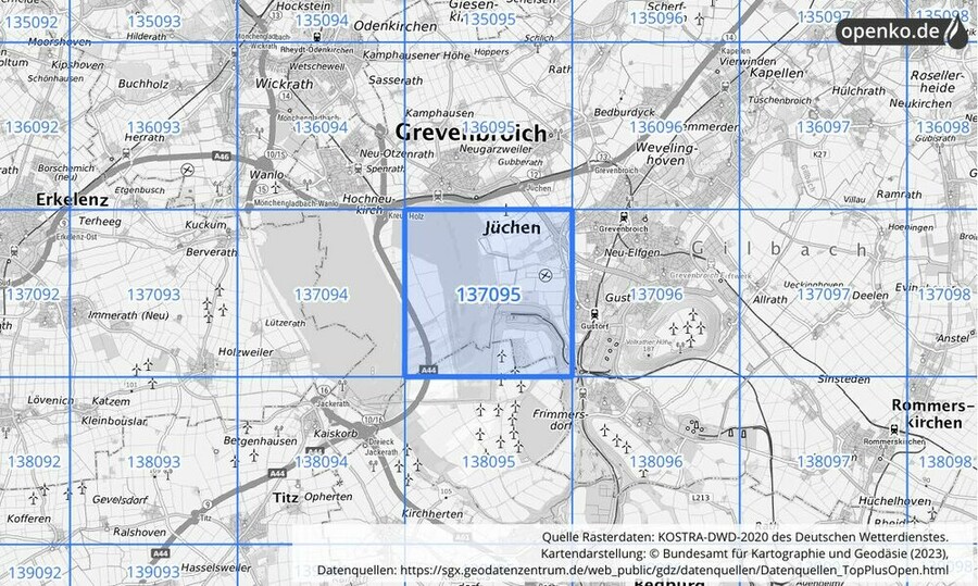 Übersichtskarte des KOSTRA-DWD-2020-Rasterfeldes Nr. 137095