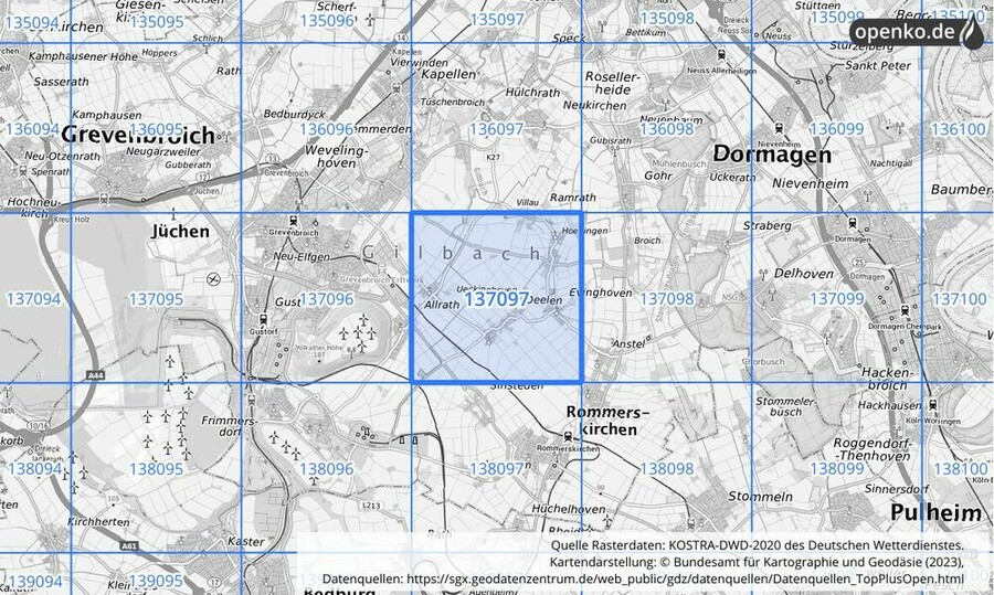 Übersichtskarte des KOSTRA-DWD-2020-Rasterfeldes Nr. 137097