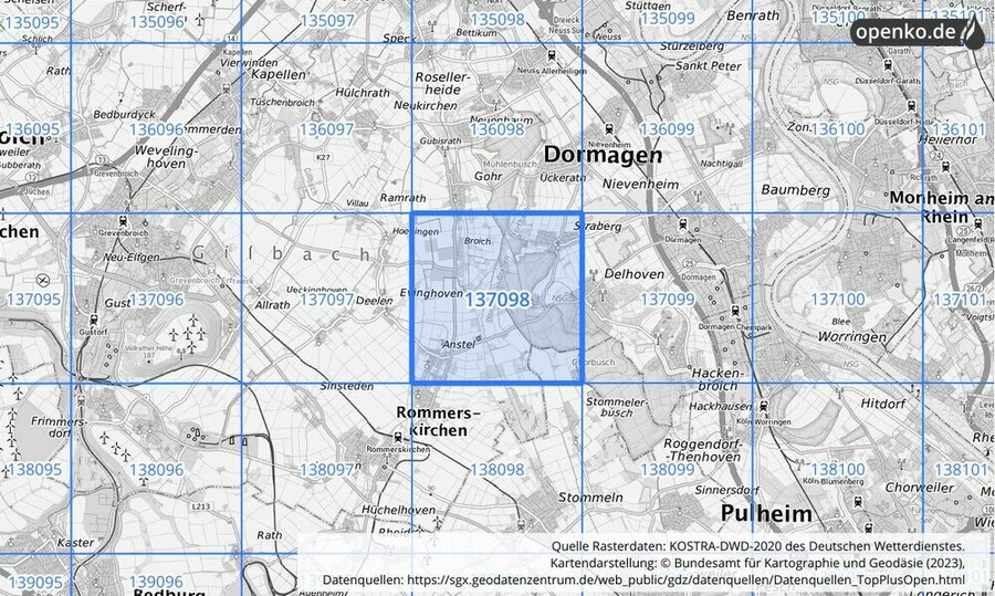 Übersichtskarte des KOSTRA-DWD-2020-Rasterfeldes Nr. 137098