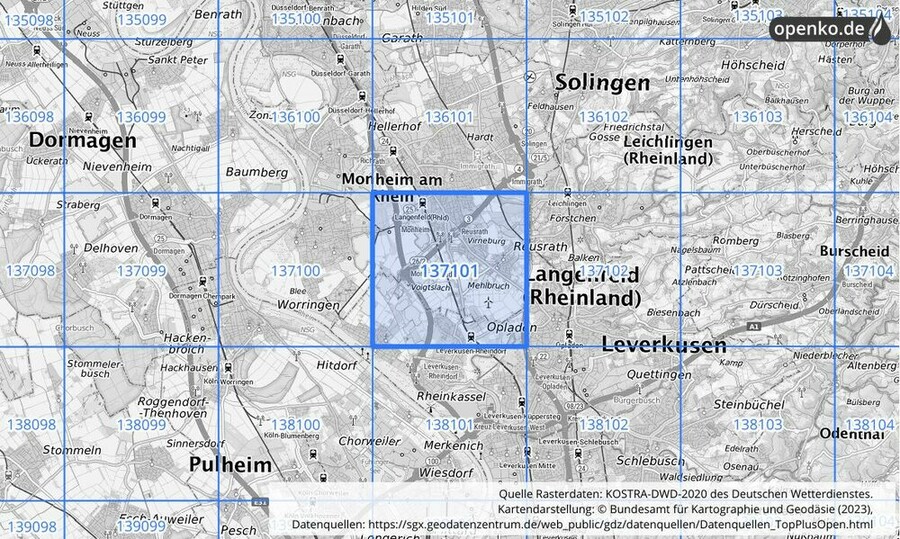 Übersichtskarte des KOSTRA-DWD-2020-Rasterfeldes Nr. 137101