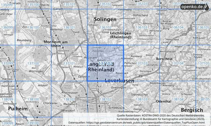 Übersichtskarte des KOSTRA-DWD-2020-Rasterfeldes Nr. 137102
