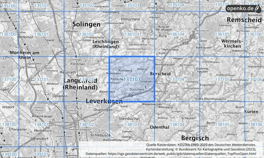 Übersichtskarte des KOSTRA-DWD-2020-Rasterfeldes Nr. 137103