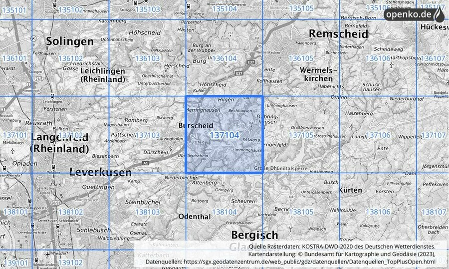 Übersichtskarte des KOSTRA-DWD-2020-Rasterfeldes Nr. 137104