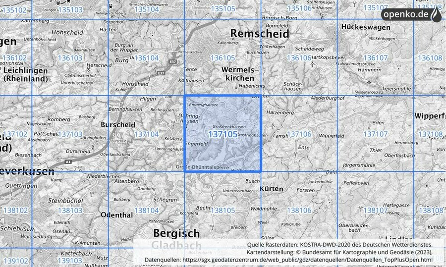 Übersichtskarte des KOSTRA-DWD-2020-Rasterfeldes Nr. 137105