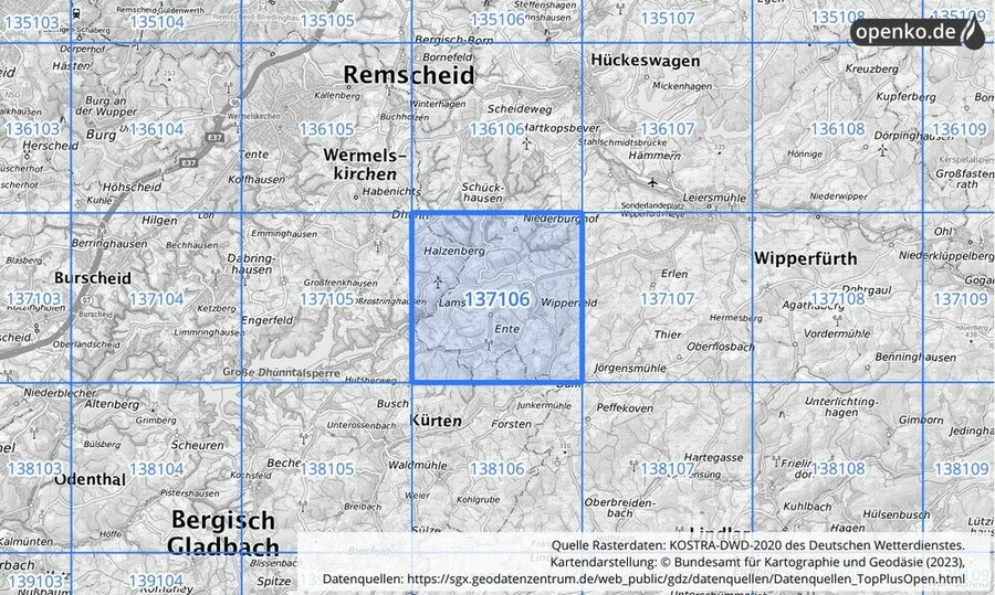 Übersichtskarte des KOSTRA-DWD-2020-Rasterfeldes Nr. 137106