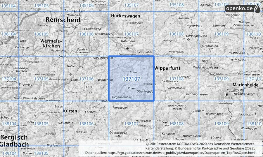 Übersichtskarte des KOSTRA-DWD-2020-Rasterfeldes Nr. 137107