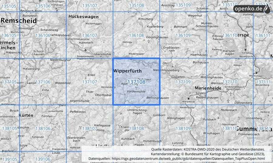 Übersichtskarte des KOSTRA-DWD-2020-Rasterfeldes Nr. 137108