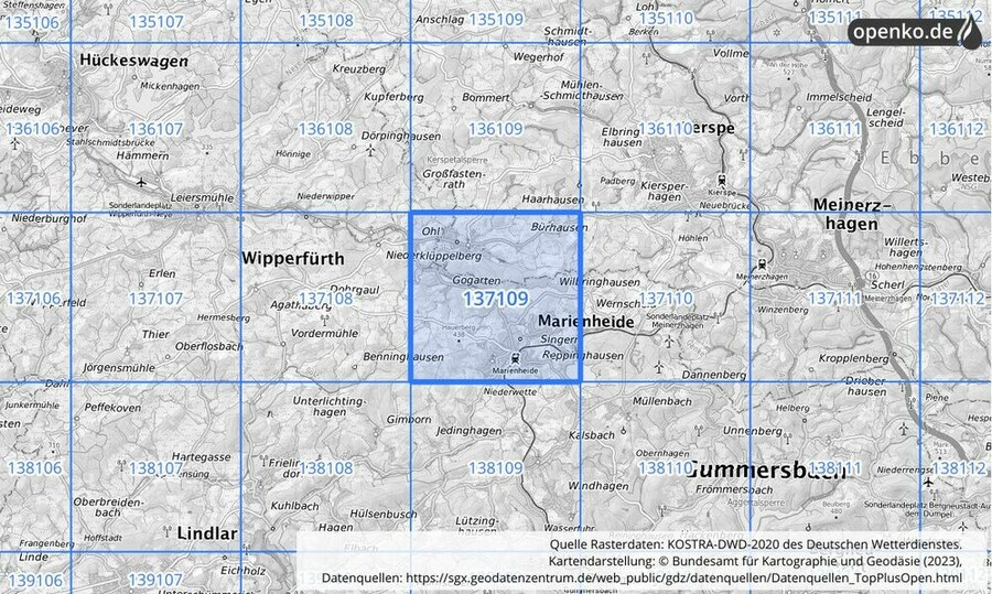 Übersichtskarte des KOSTRA-DWD-2020-Rasterfeldes Nr. 137109