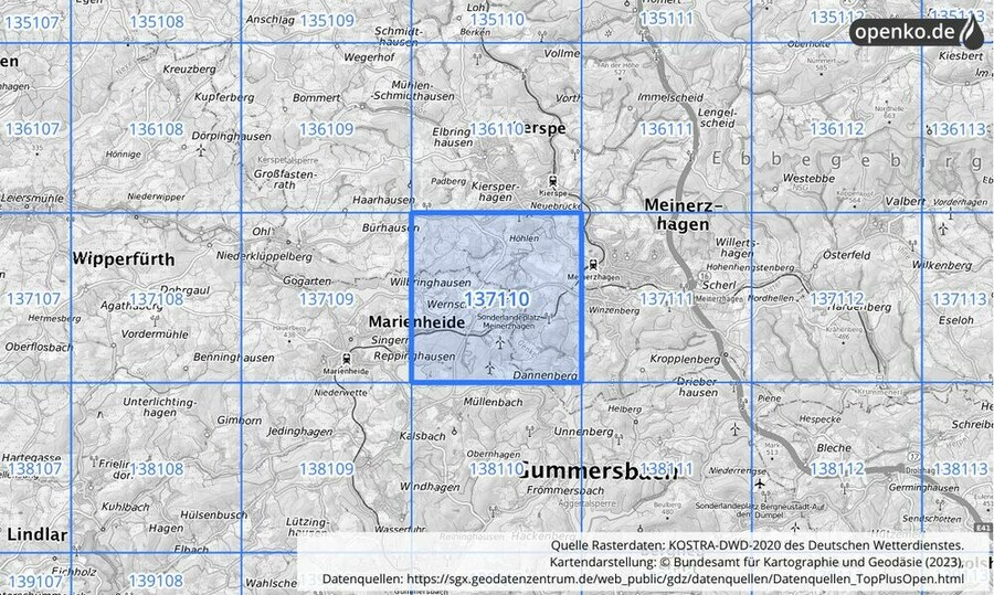 Übersichtskarte des KOSTRA-DWD-2020-Rasterfeldes Nr. 137110