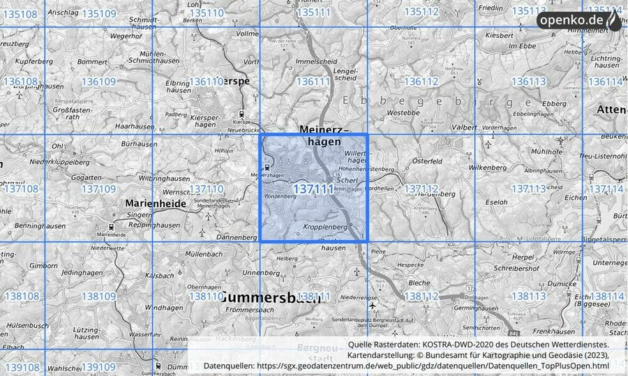 Übersichtskarte des KOSTRA-DWD-2020-Rasterfeldes Nr. 137111