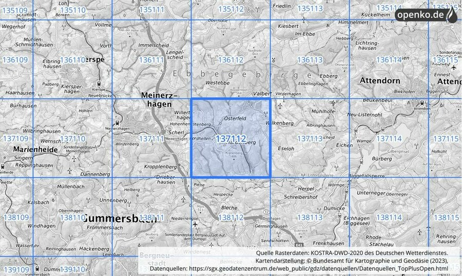 Übersichtskarte des KOSTRA-DWD-2020-Rasterfeldes Nr. 137112