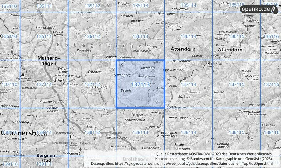 Übersichtskarte des KOSTRA-DWD-2020-Rasterfeldes Nr. 137113