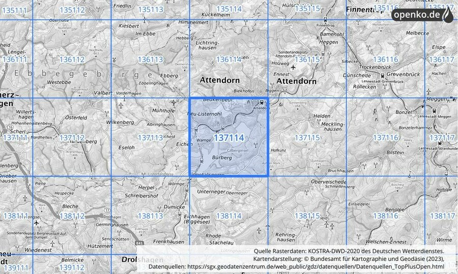 Übersichtskarte des KOSTRA-DWD-2020-Rasterfeldes Nr. 137114