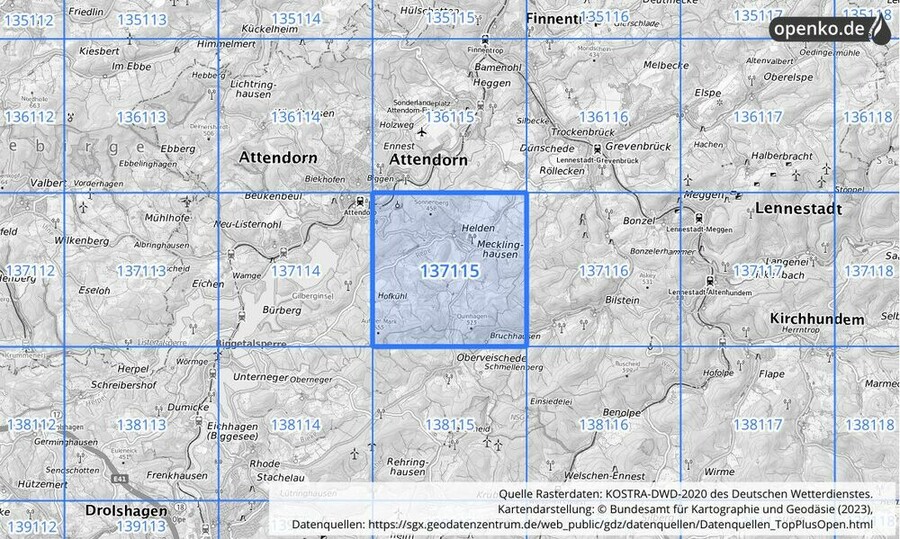 Übersichtskarte des KOSTRA-DWD-2020-Rasterfeldes Nr. 137115