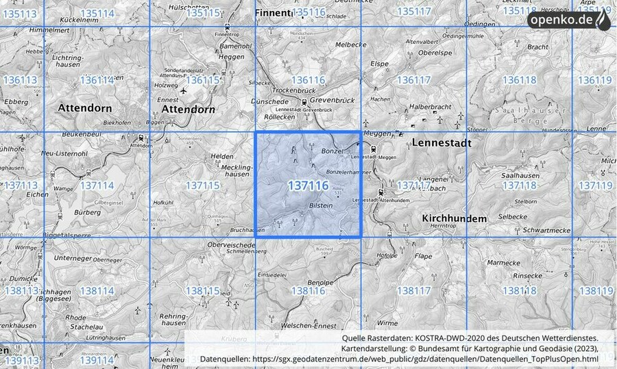 Übersichtskarte des KOSTRA-DWD-2020-Rasterfeldes Nr. 137116