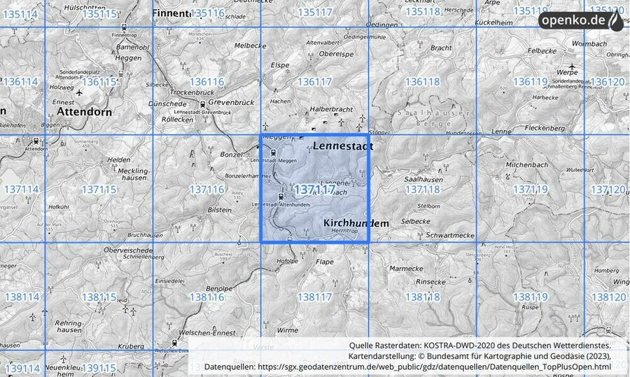 Übersichtskarte des KOSTRA-DWD-2020-Rasterfeldes Nr. 137117