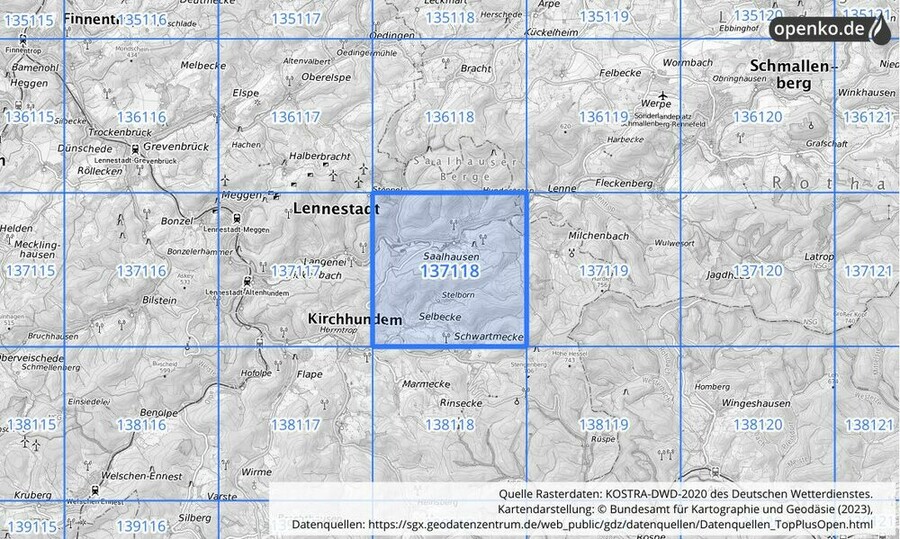 Übersichtskarte des KOSTRA-DWD-2020-Rasterfeldes Nr. 137118