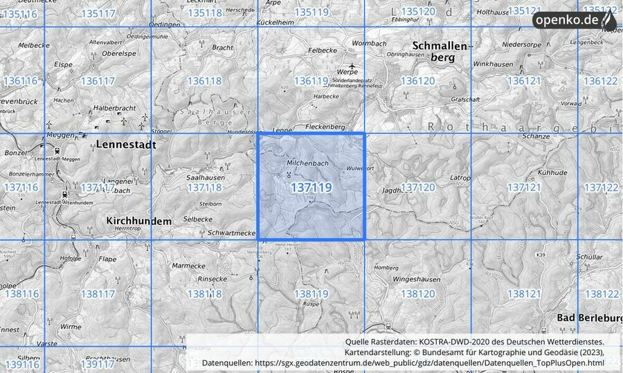 Übersichtskarte des KOSTRA-DWD-2020-Rasterfeldes Nr. 137119